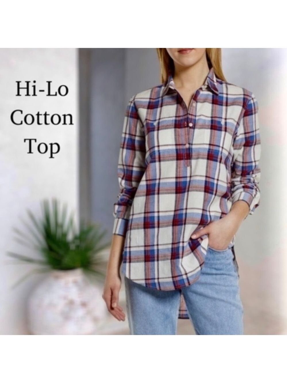 CASLON Long Sleeve 3/4 Button Front 100% Cotton Lightweight Plaid Blouse